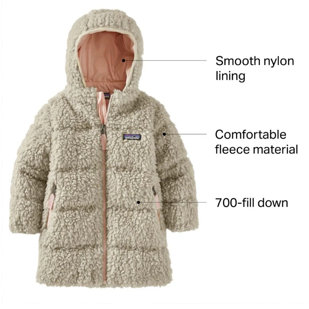 Patagonia Cream Sherpa Kids Hooded Coat with Pink Lining